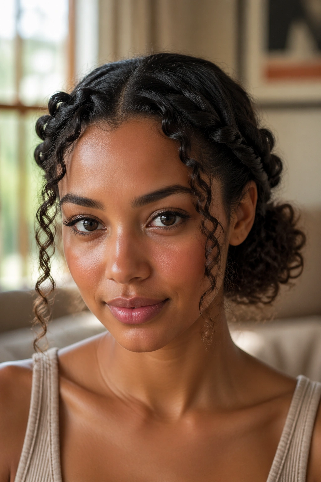 Close-up of a real woman with twisted crown curls forming a bun at the back of the head