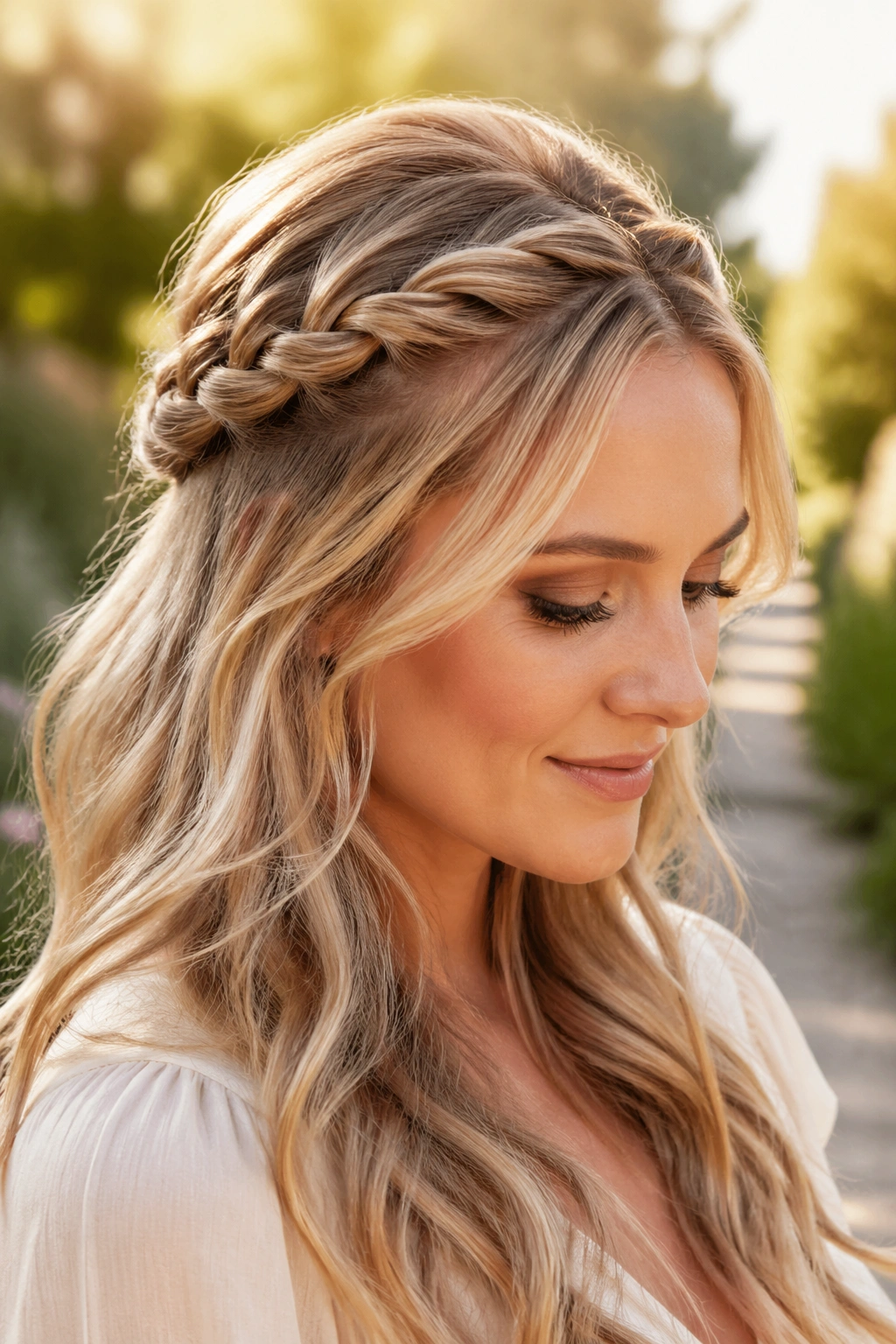 Close-up of a real woman with a twisted crown hairstyle