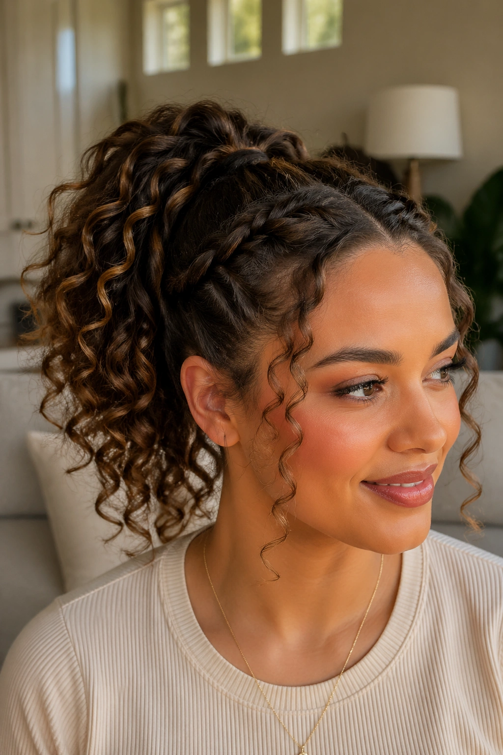 Close-up of a woman with two twists leading to a crown ponytail