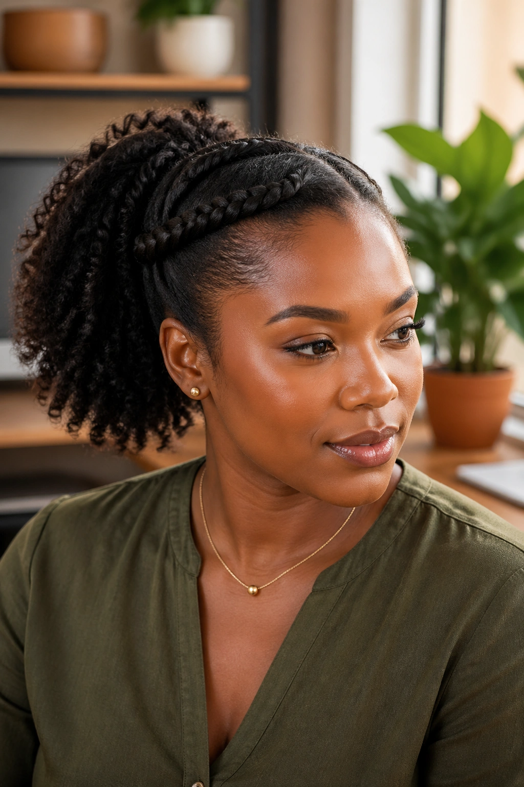 Close-up of a real person with a twisted crown ponytail in a home office setting