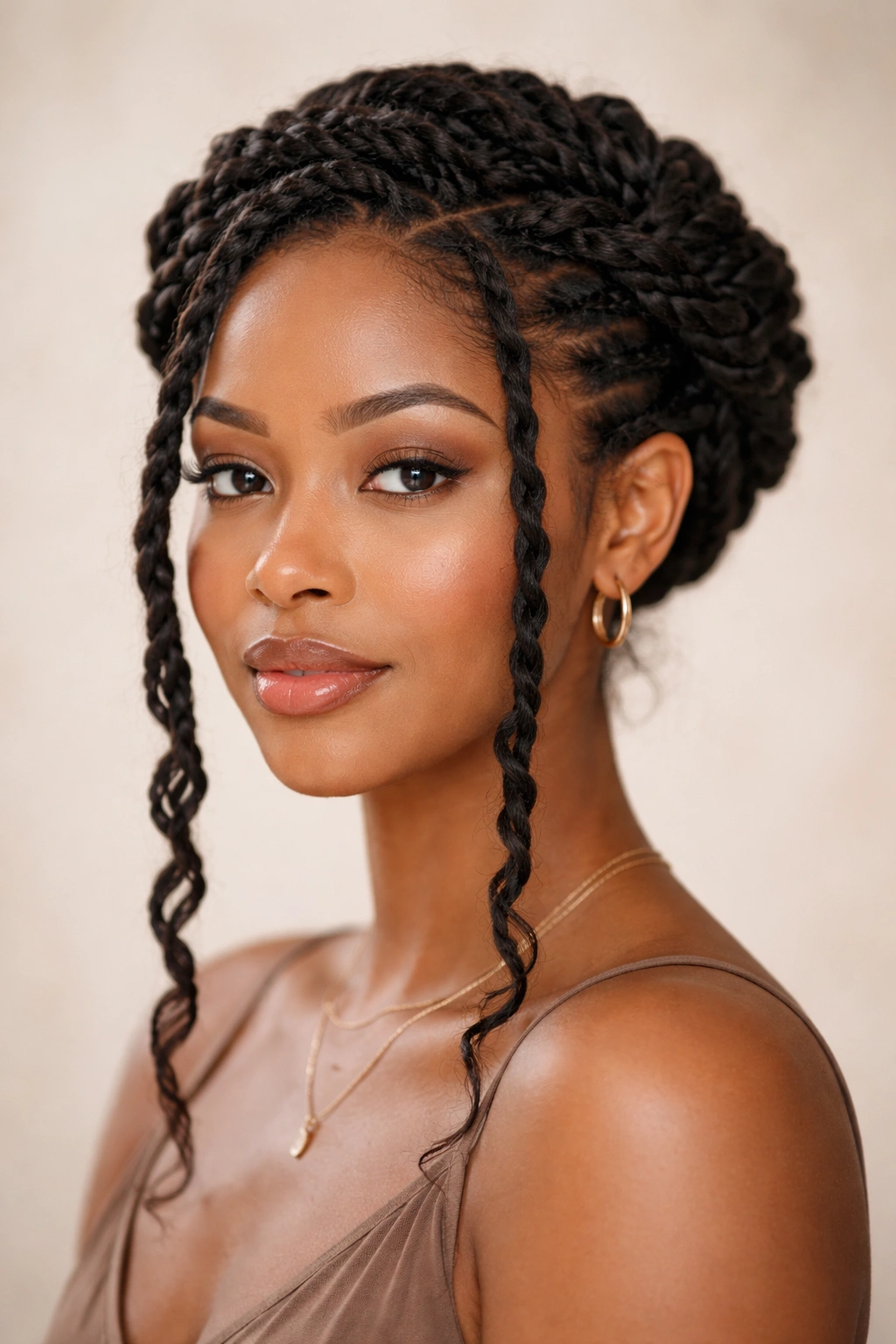 Twisted crown updo with face-framing twists on Afro-textured hair