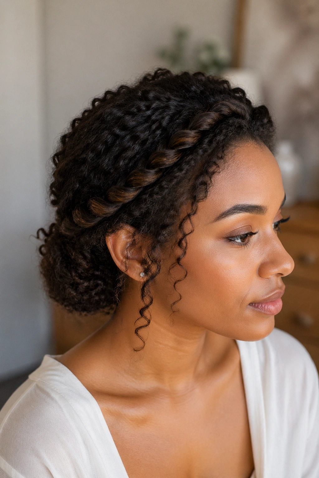 Medium close-up of a real woman with a twisted crown updo and tucked ends.