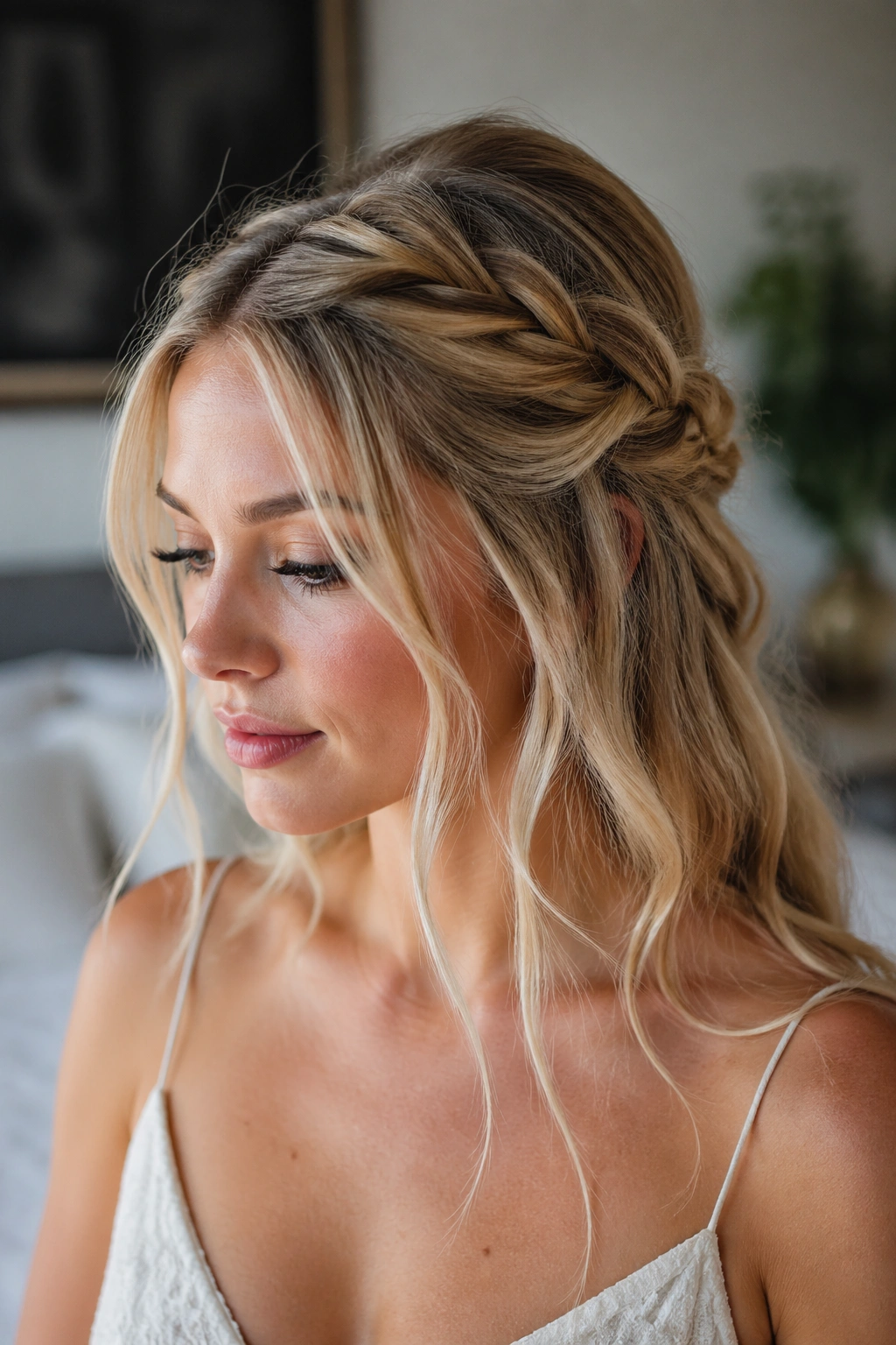 Close-up of a real woman wearing a half-up twisted crown with face-framing pieces.