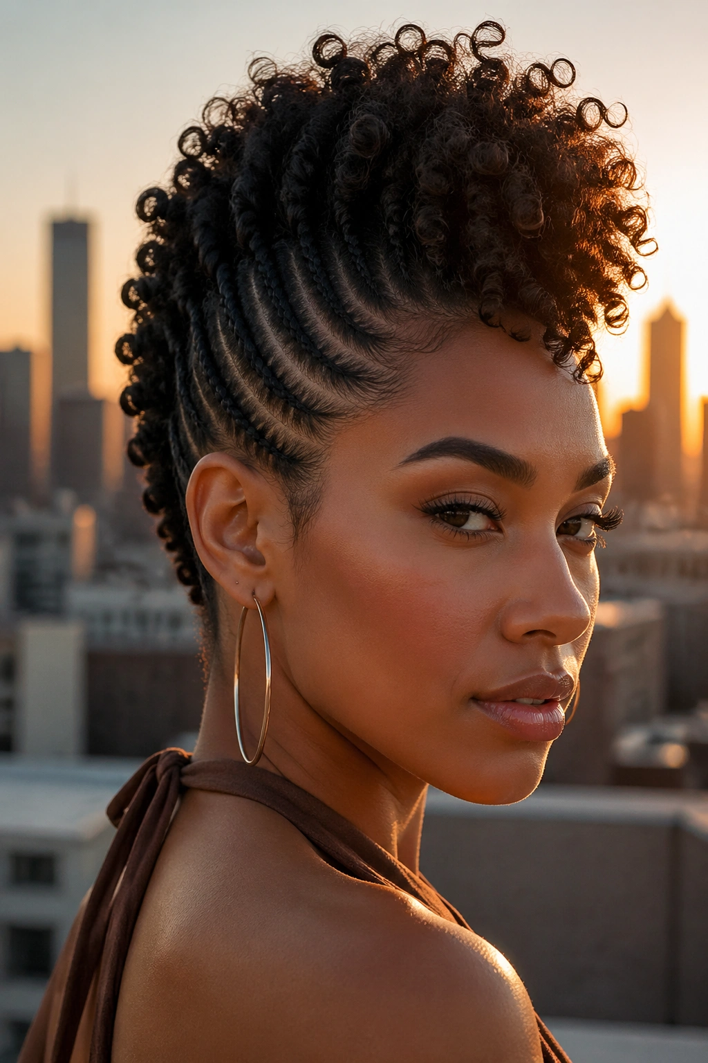Close-up portrait of a real woman with a twisted faux hawk highlighting height and texture