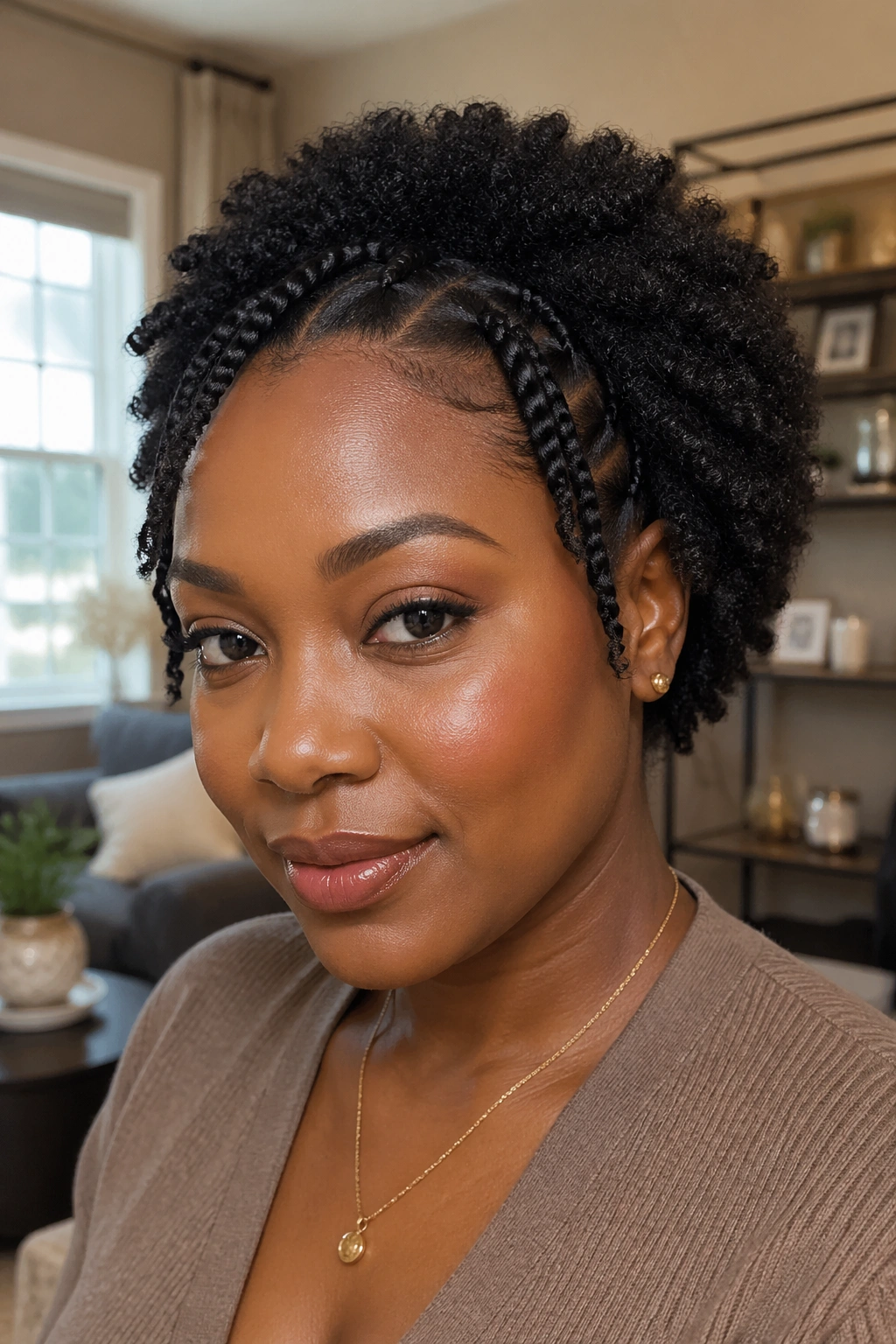 Close-up of a real woman with twisted front mini afro in a cozy living room