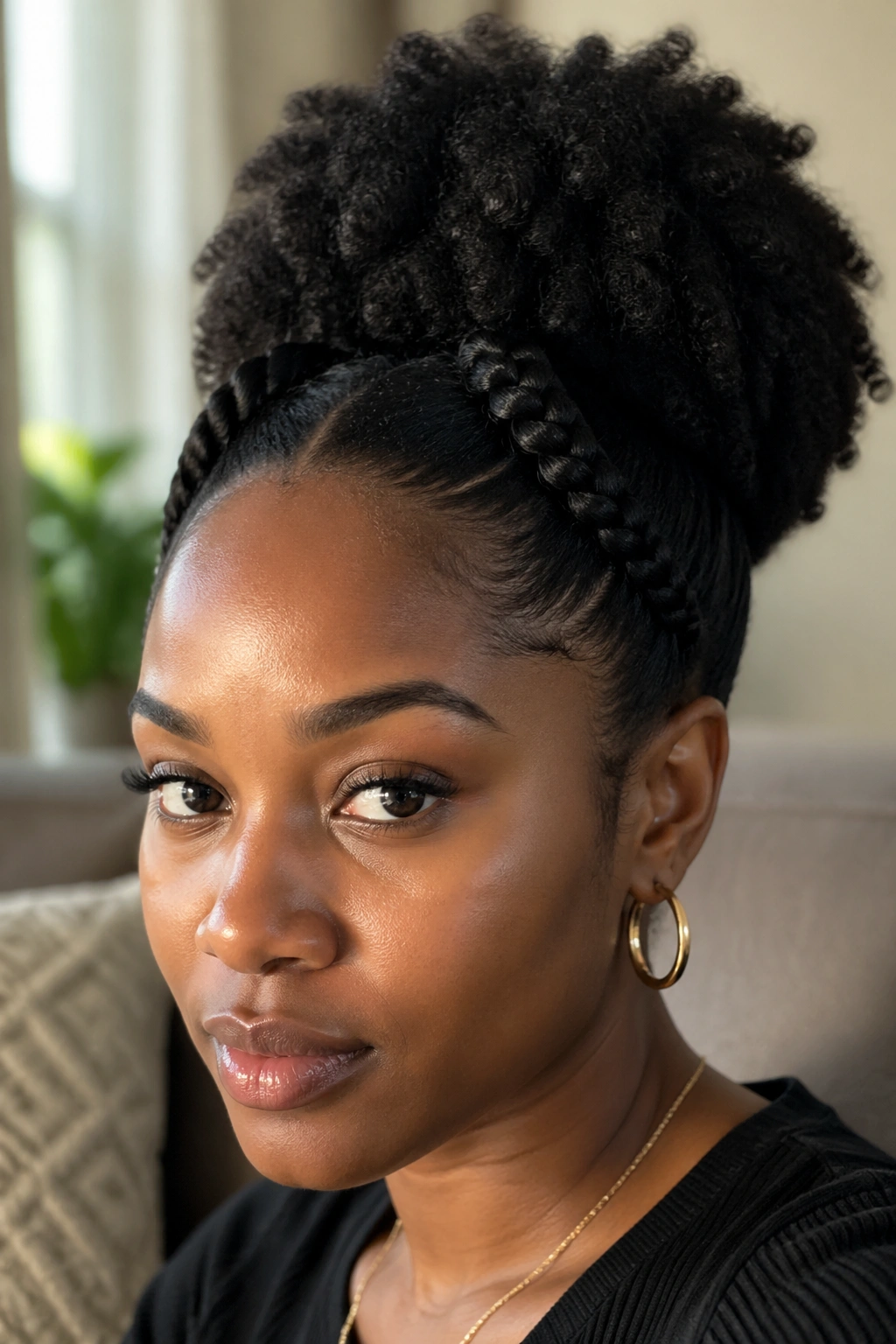 Close-up of a real woman with twisted-front detailing into an Afro Puff.