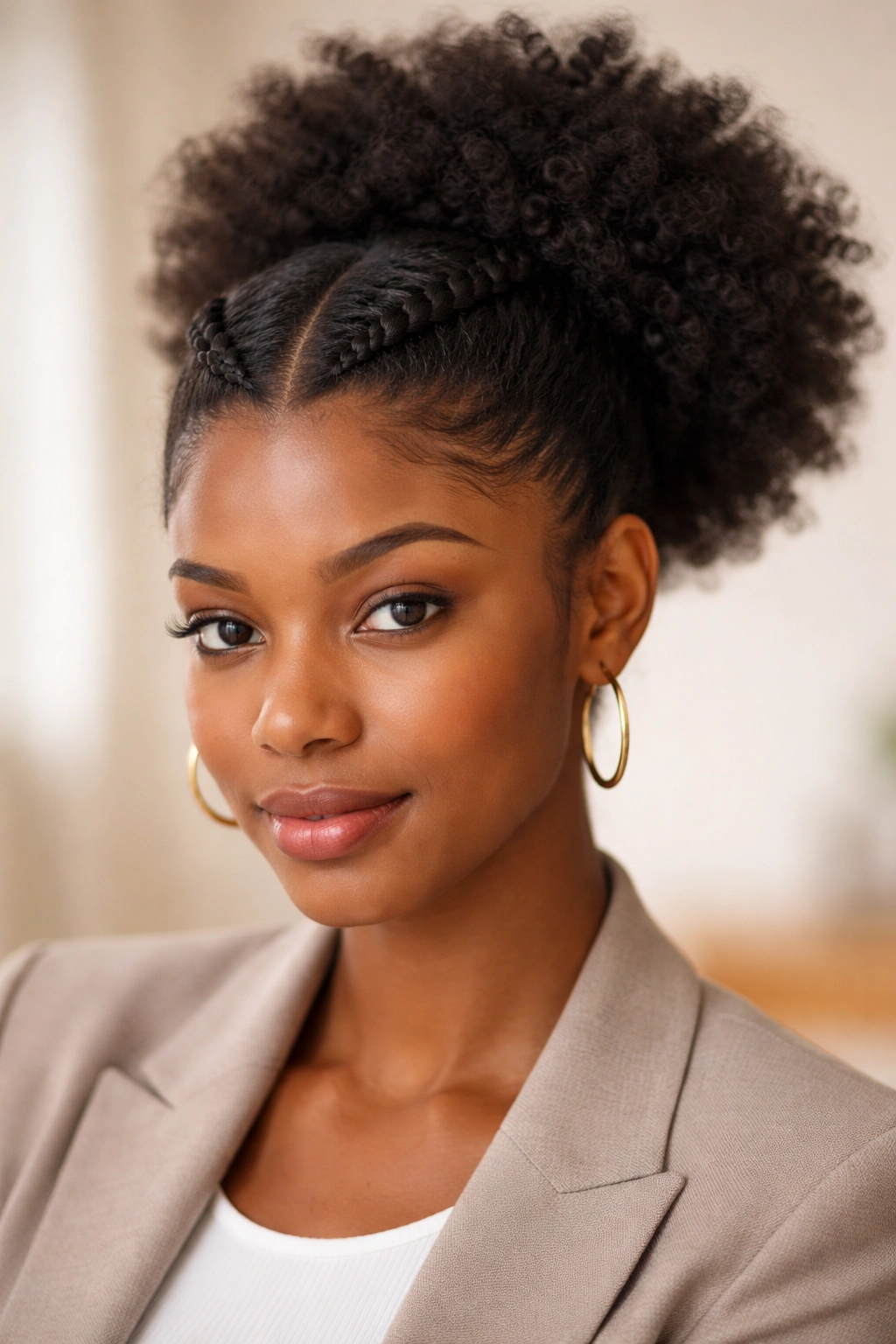 Twisted front puff hairstyle with front twists and a soft behind-puff