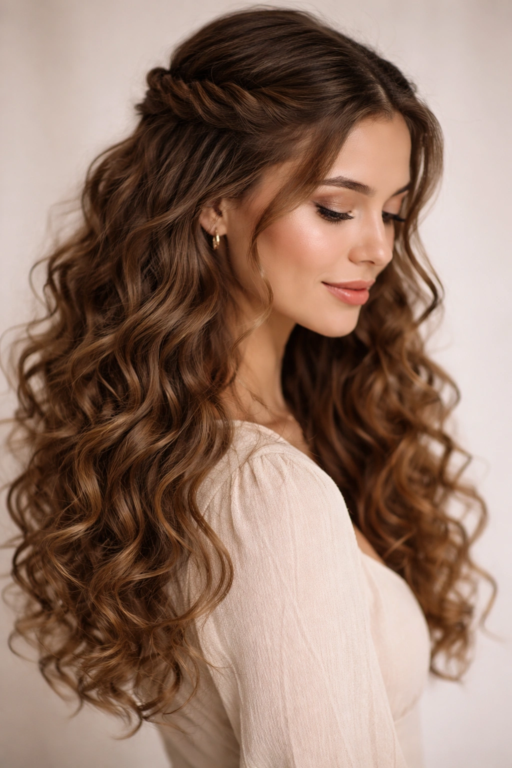 Twisted half-up halo with open curls for natural movement