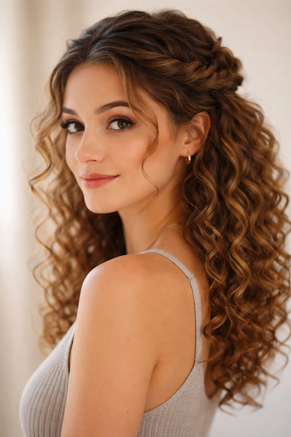 Portrait of a person with a twisted half-up halo hairstyle and face-framing curls
