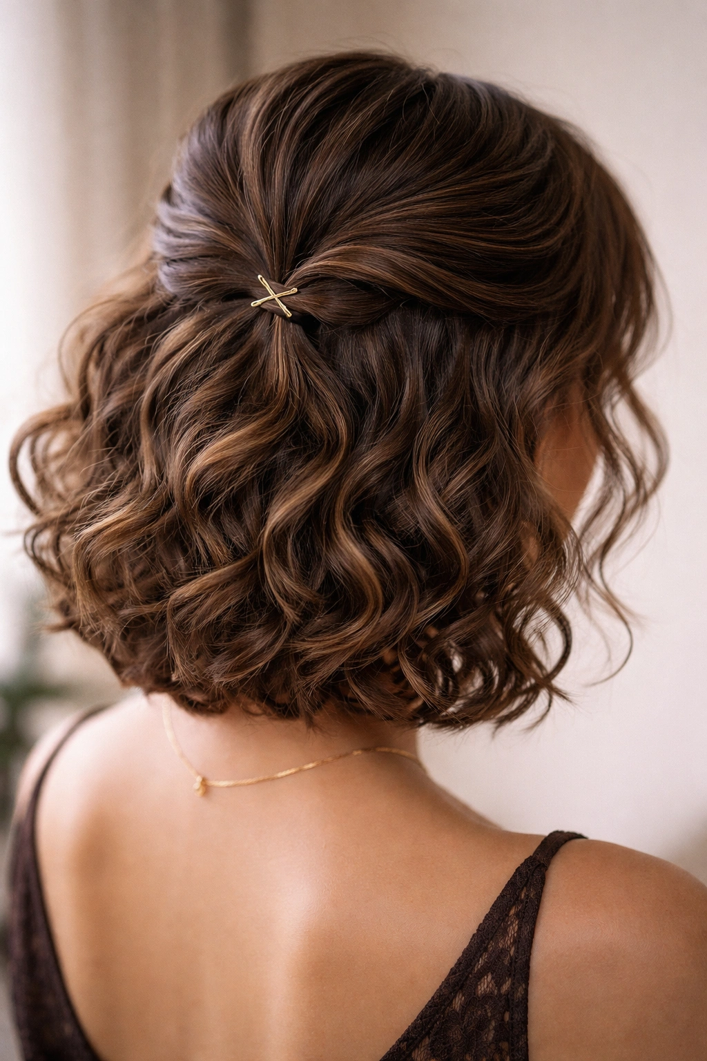 Twisted half-up knot on curly bob near crown