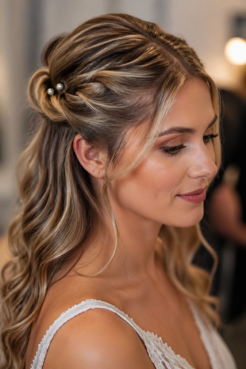 Close-up of a real woman showing twisted half-up hairstyle with pearl pins
