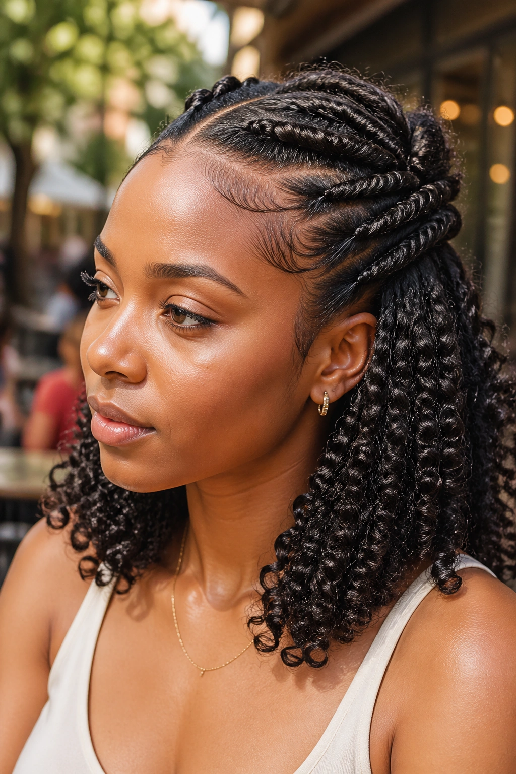 Close-up of a real woman showing twisted half-up with textured edges and loose textured hair.