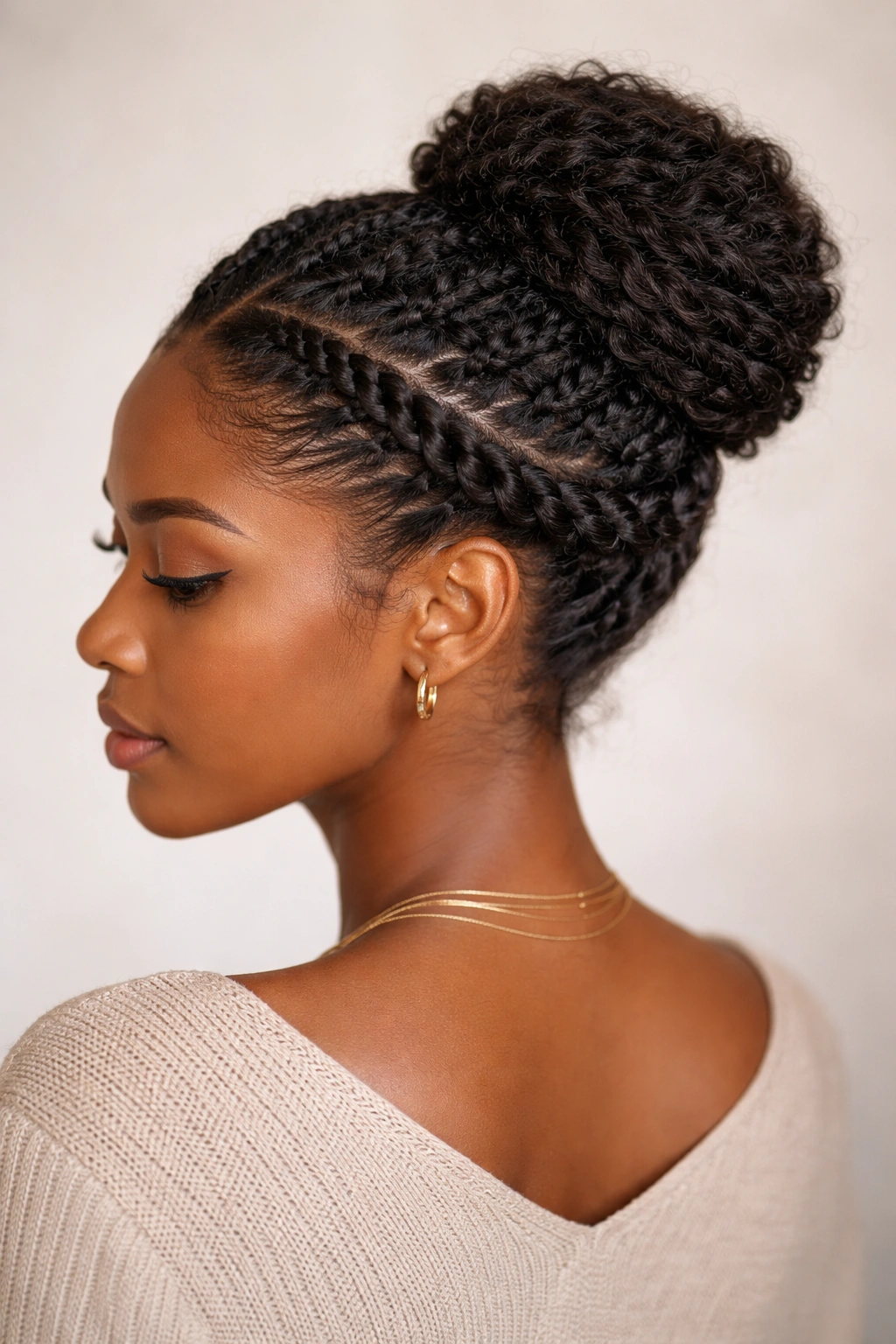 Twisted halo bun with two-strand twists around the head