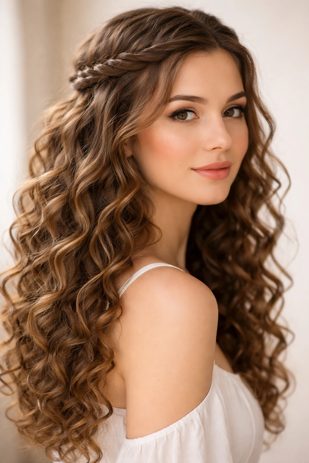 Twisted halo half-up hairstyle with defined curls