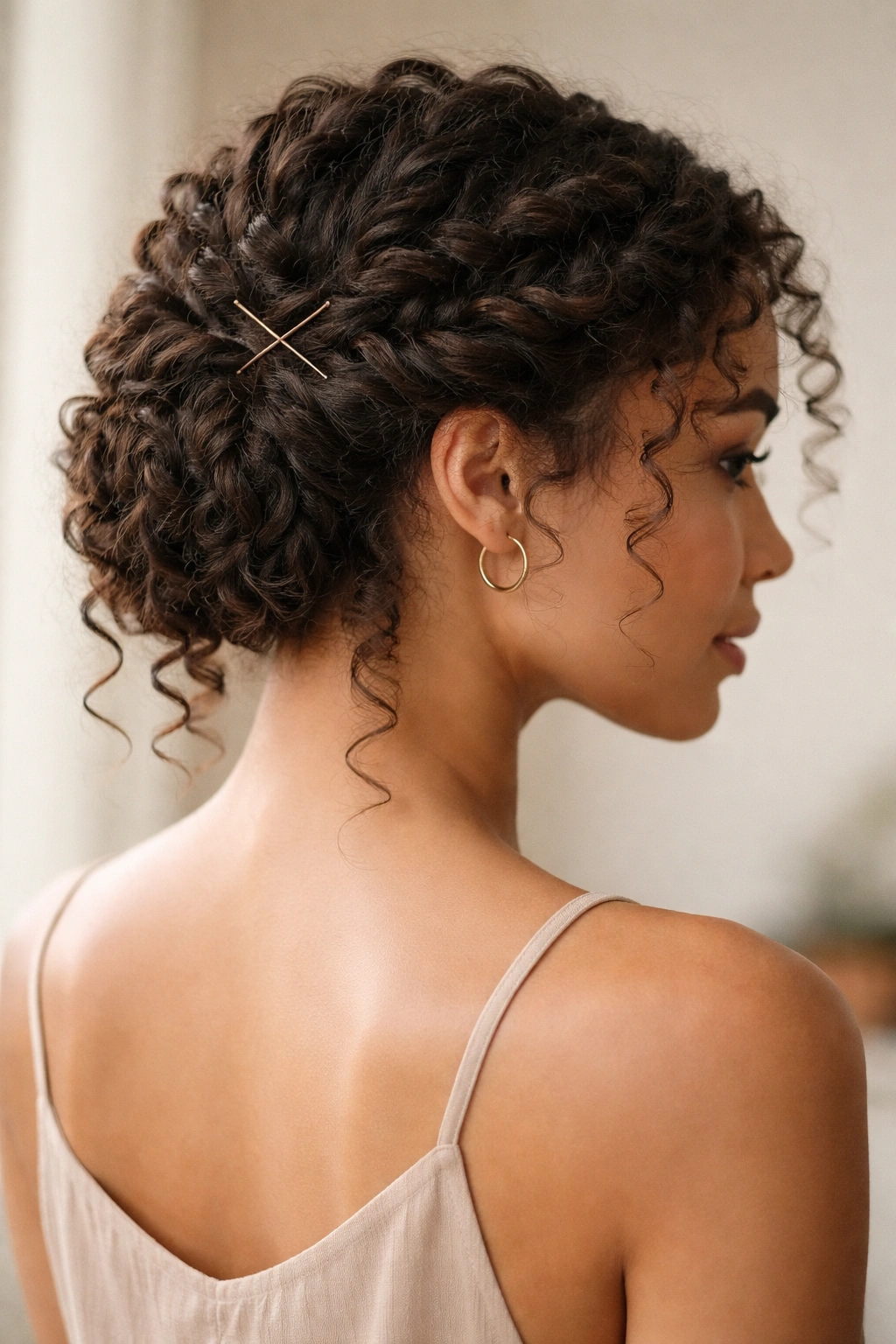Close-up of The Twisted Halo Updo showing soft twists pinned behind the head on curly hair