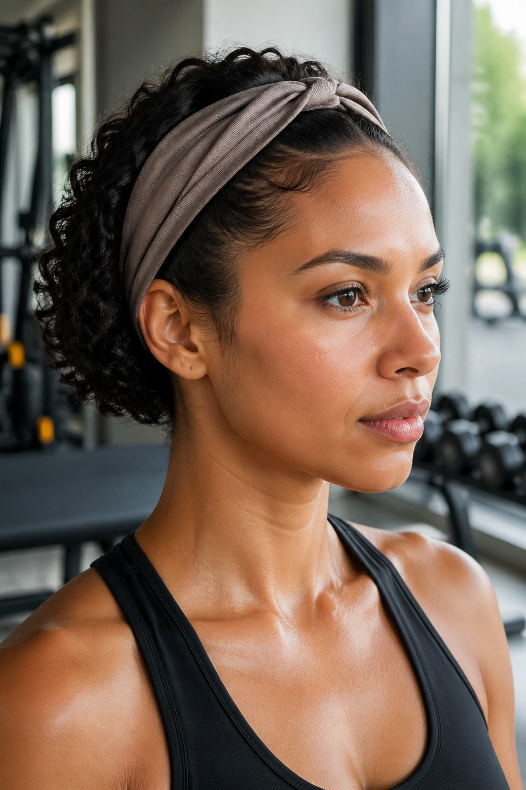 Close-up real woman with twisted headband tuck hairstyle in gym setting.