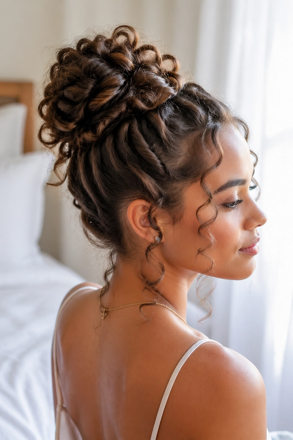 Close-up of a real woman with a twisted curly knot bun.