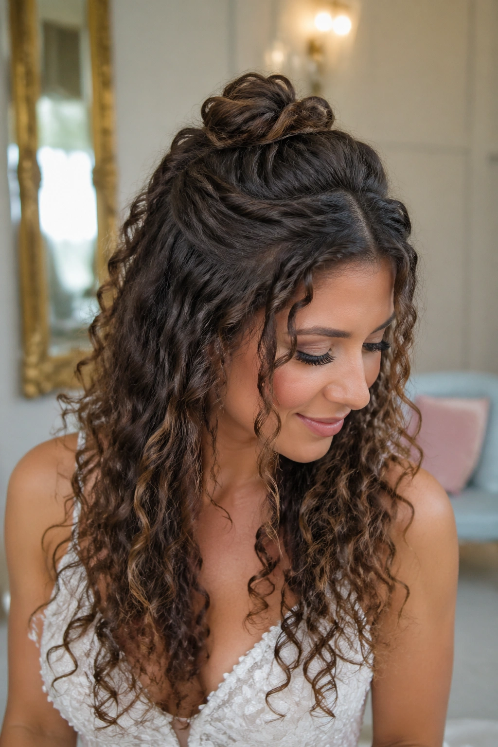 Close-up of a bride with twisted knot at the crown