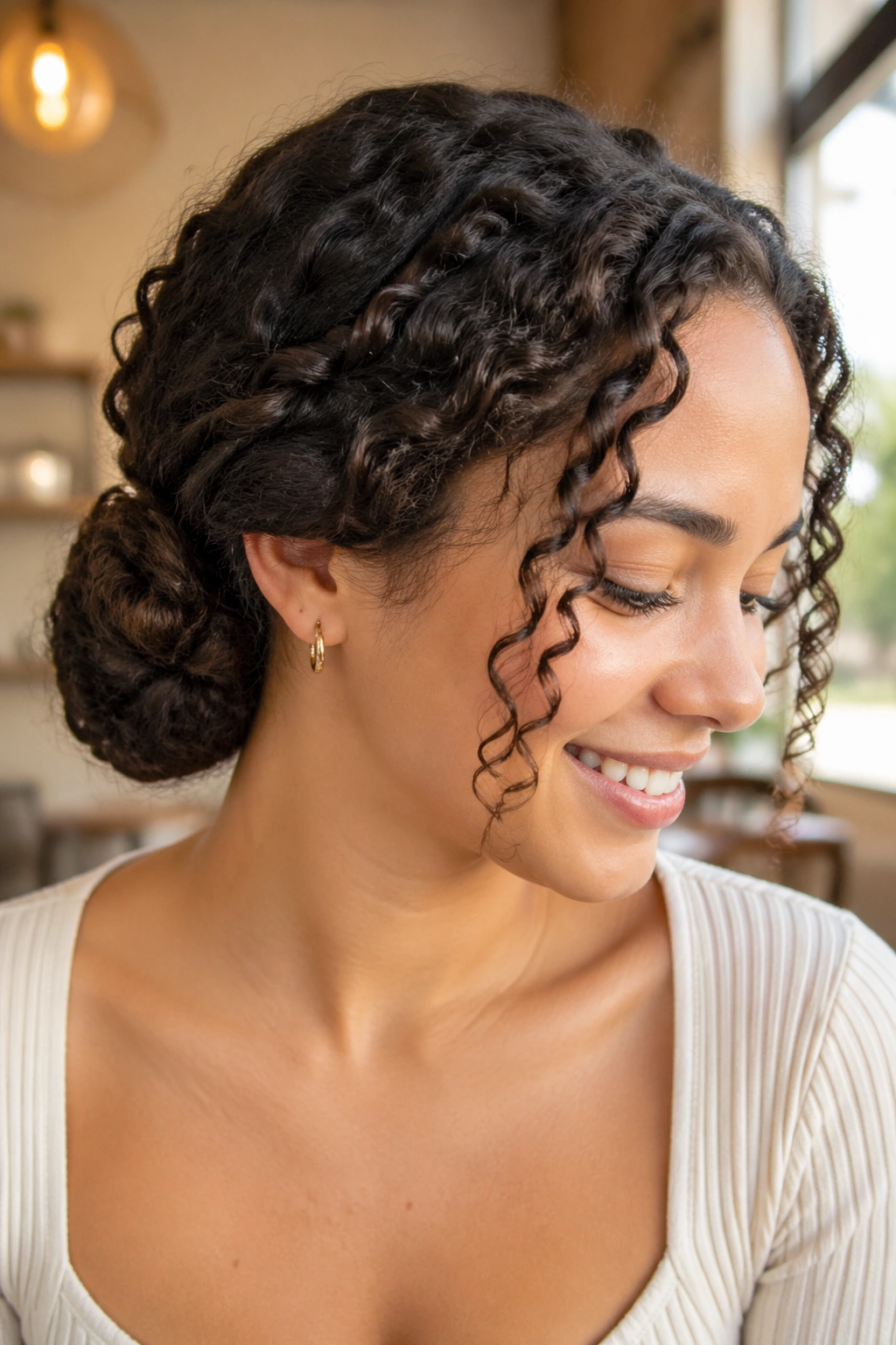 Close-up portrait of a real woman with a twisted low bun at the nape and curly framing