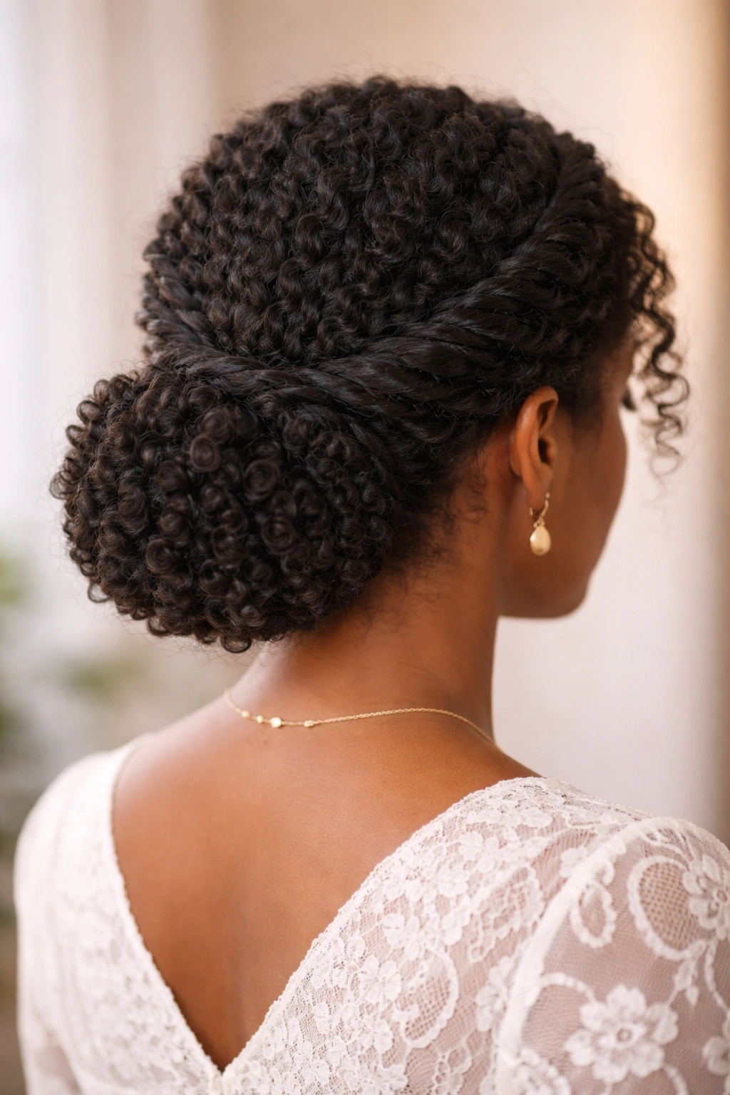 Two front twists leading into a low, rounded bun with thick coils