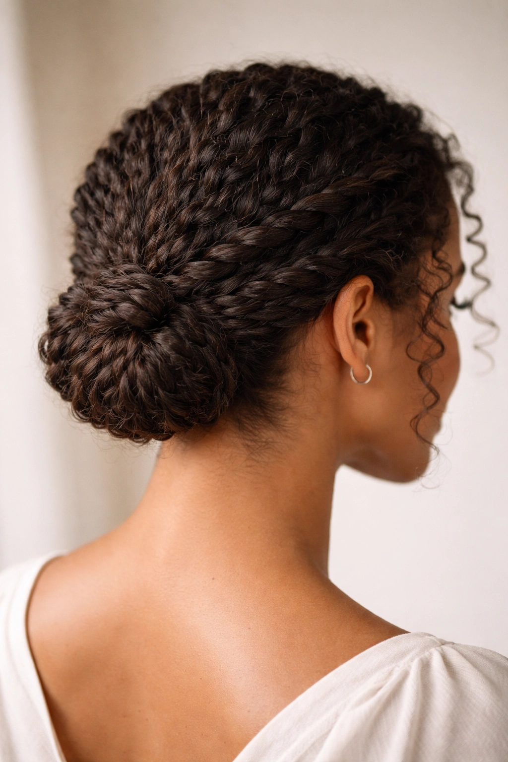 Back view of a twisted nape bun with rope twists pinned into a low bun on natural curls.