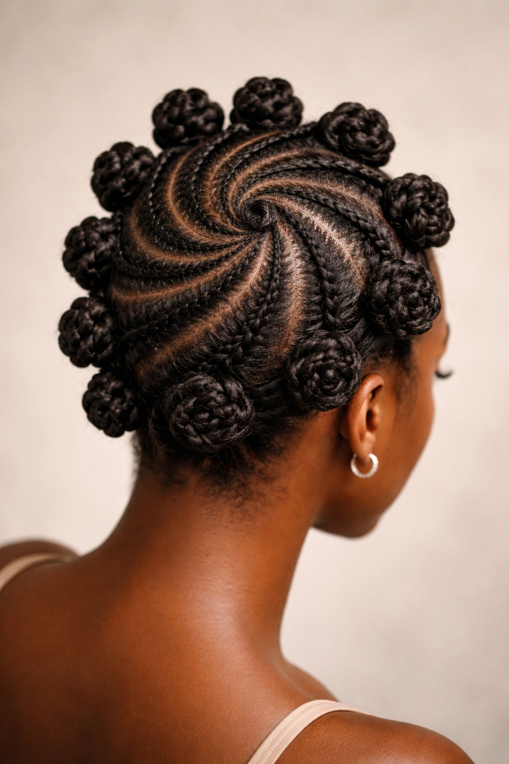 Close-up of Twisted Petal Spiral Bantu knot pattern with spiral parting on natural hair