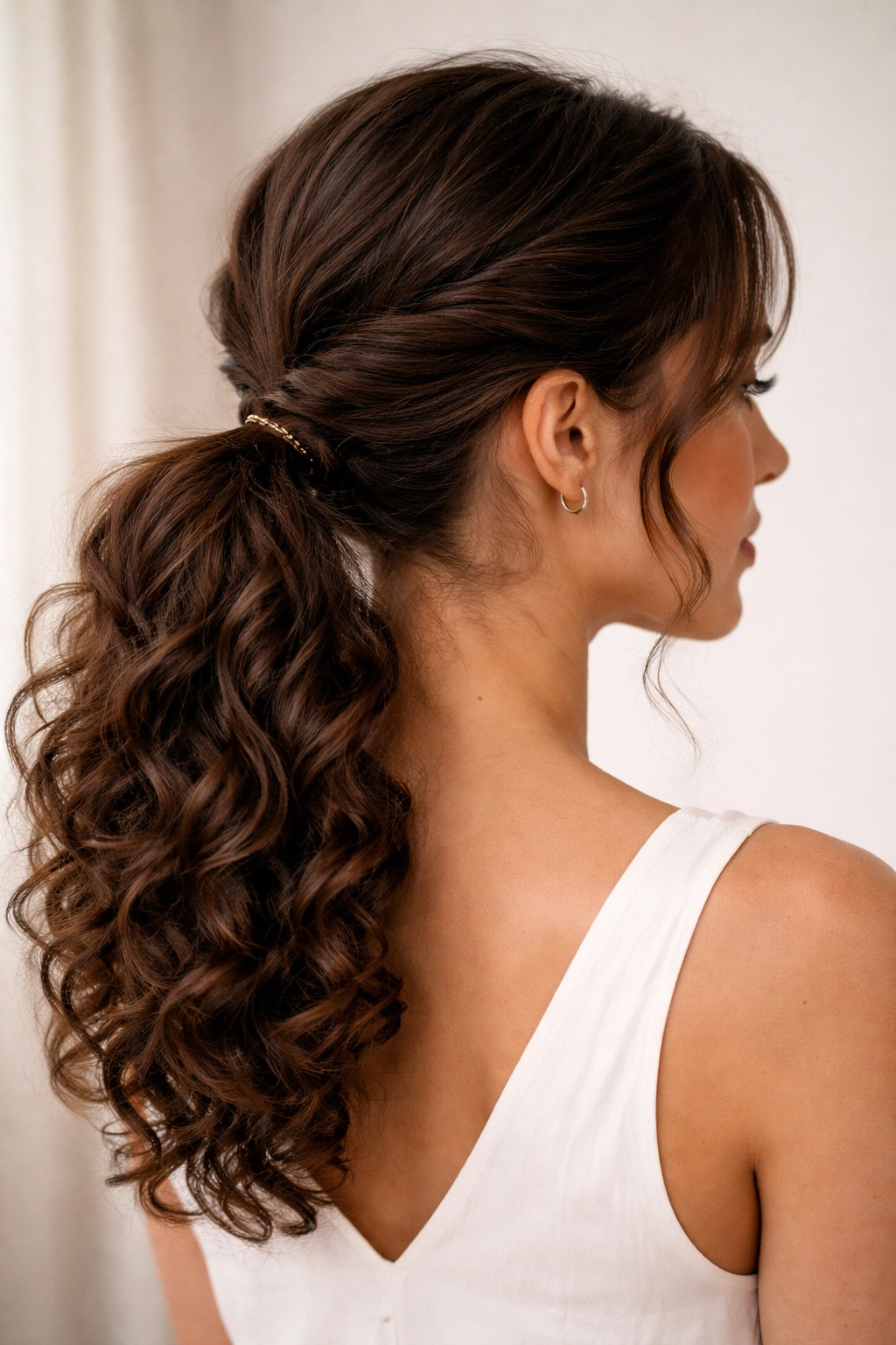 Portrait of a person with two front twists pulled into a low curly ponytail.