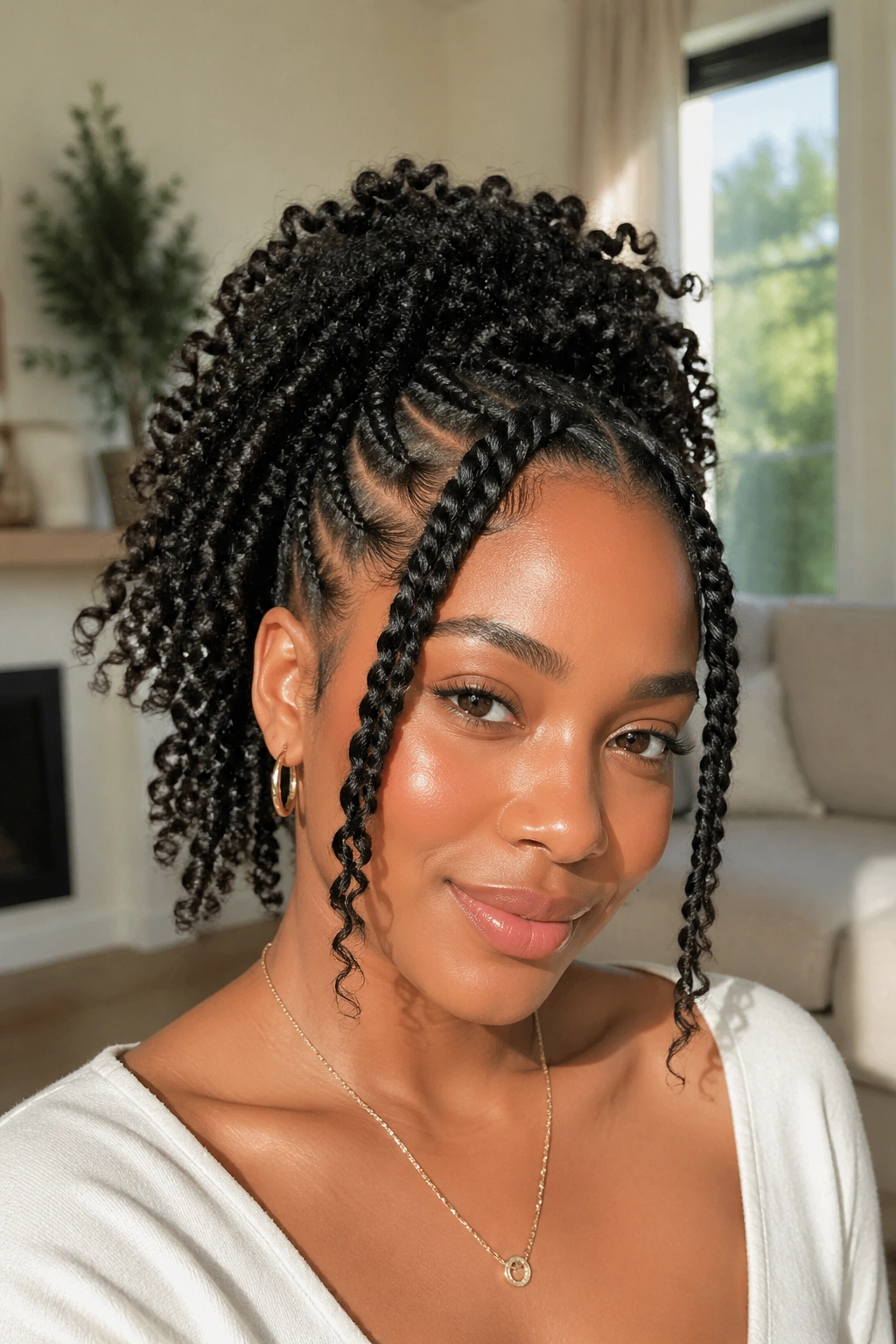 Close-up portrait of a real woman with twisted front sections and a puff ponytail