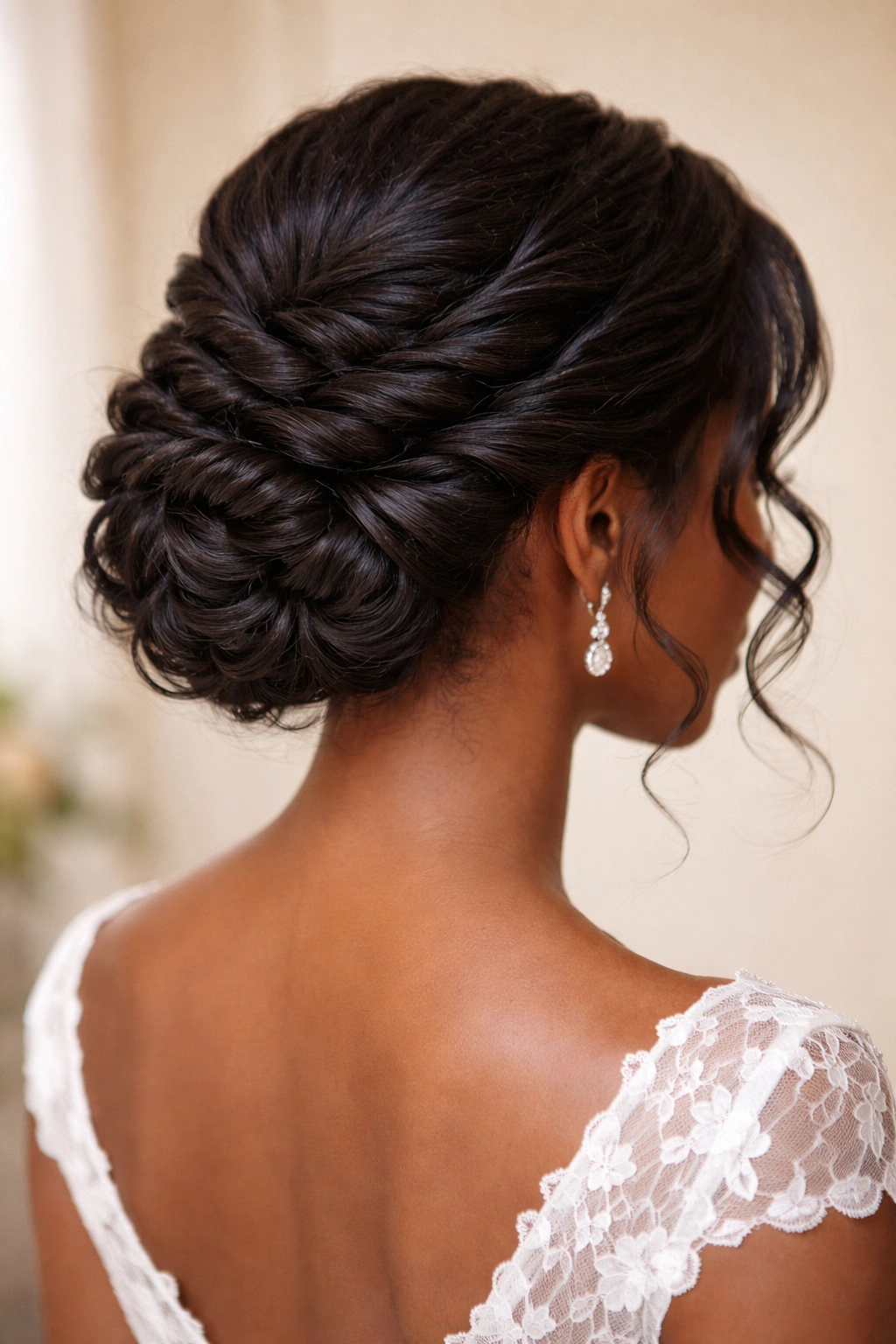 Elegant twisted updo with low bun and subtle face-framing curls