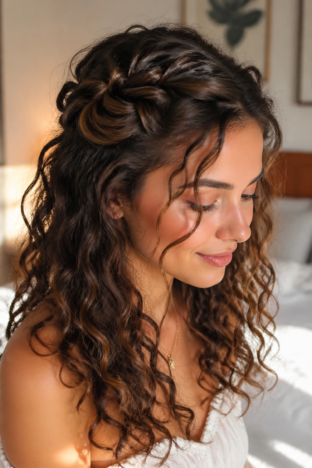 Twisted halo with open curls on a real woman under soft window light