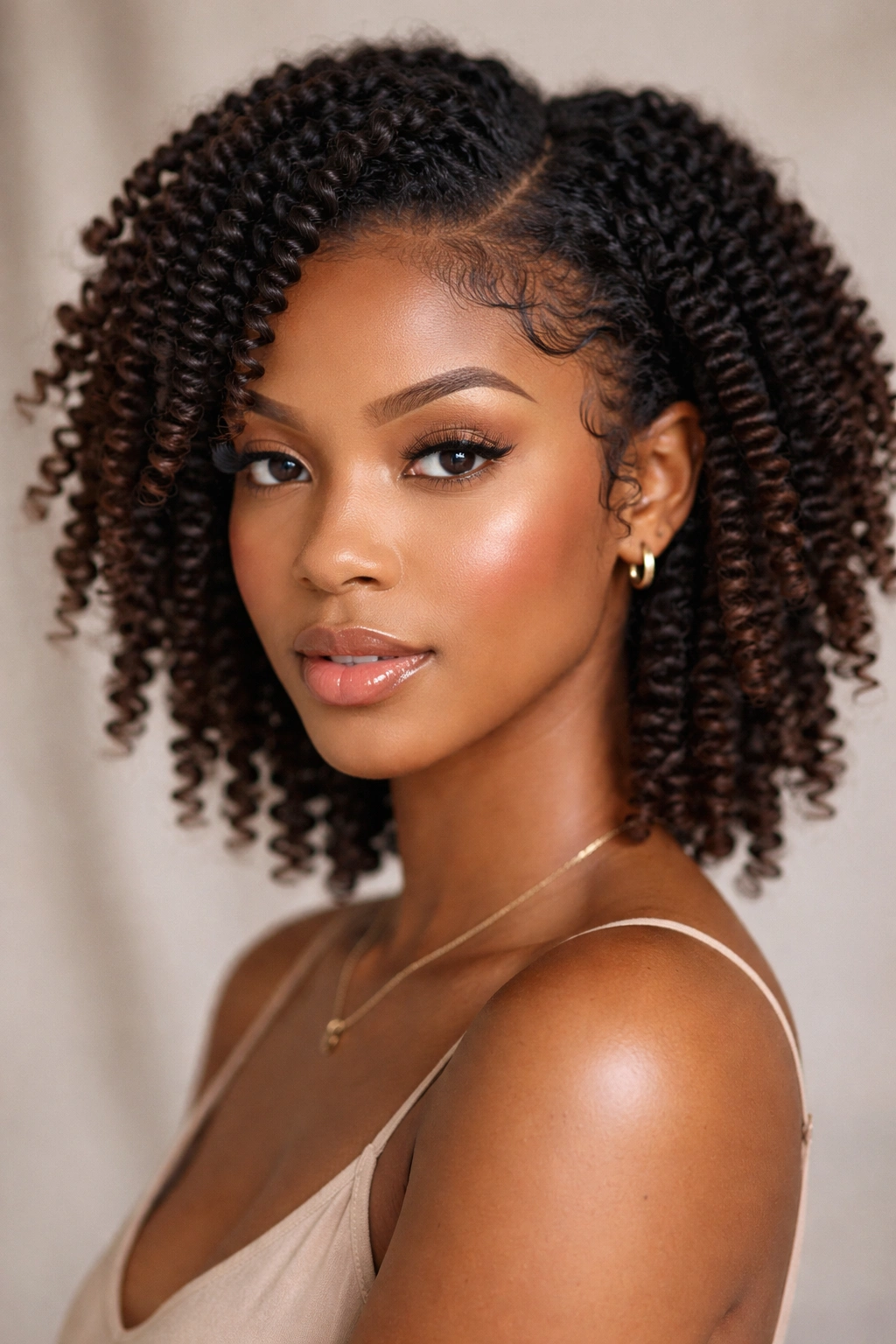 Close-up of twist-out with defined front swirls along hairline