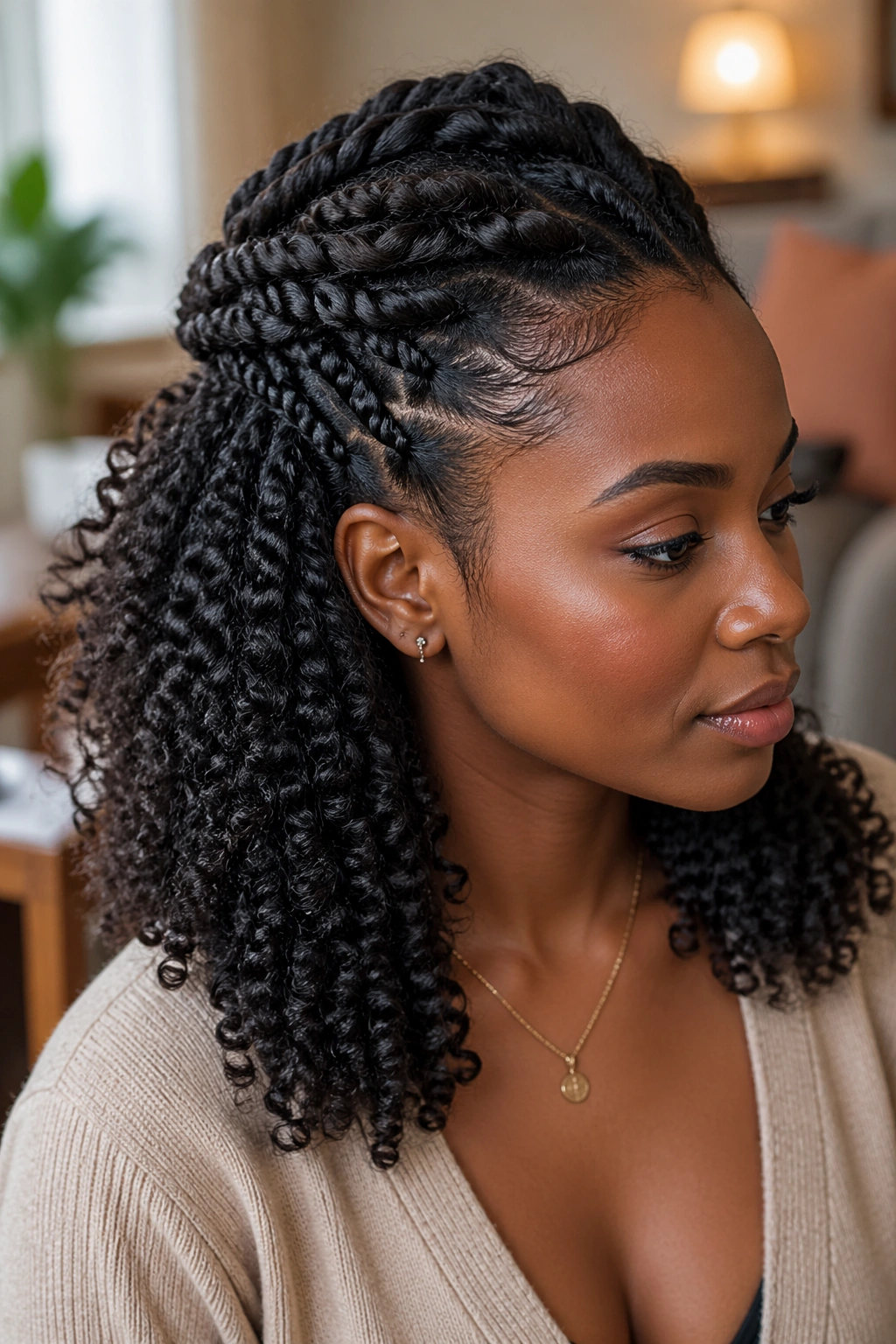 Close-up of a real Black woman with twists and coils in a half-up style.