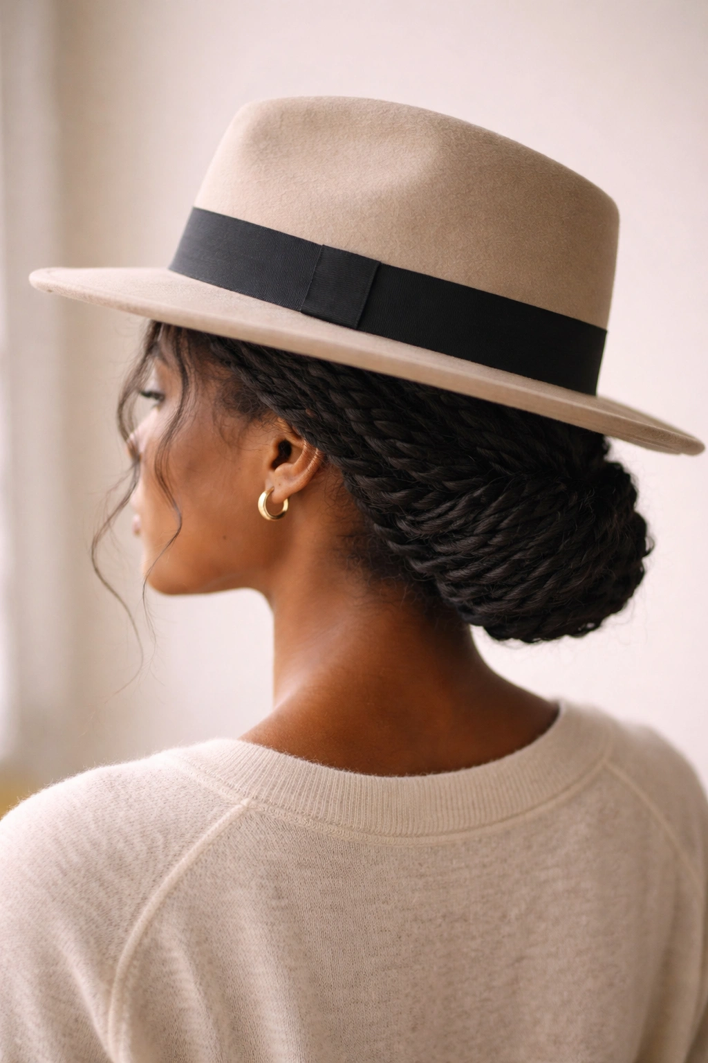 Low twists tucked under a fedora creating a neat, controlled silhouette