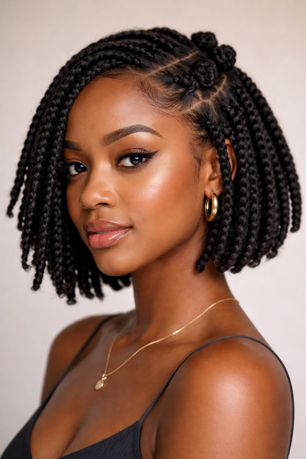 Chin-length bob with a diagonal part and side-swept knot line
