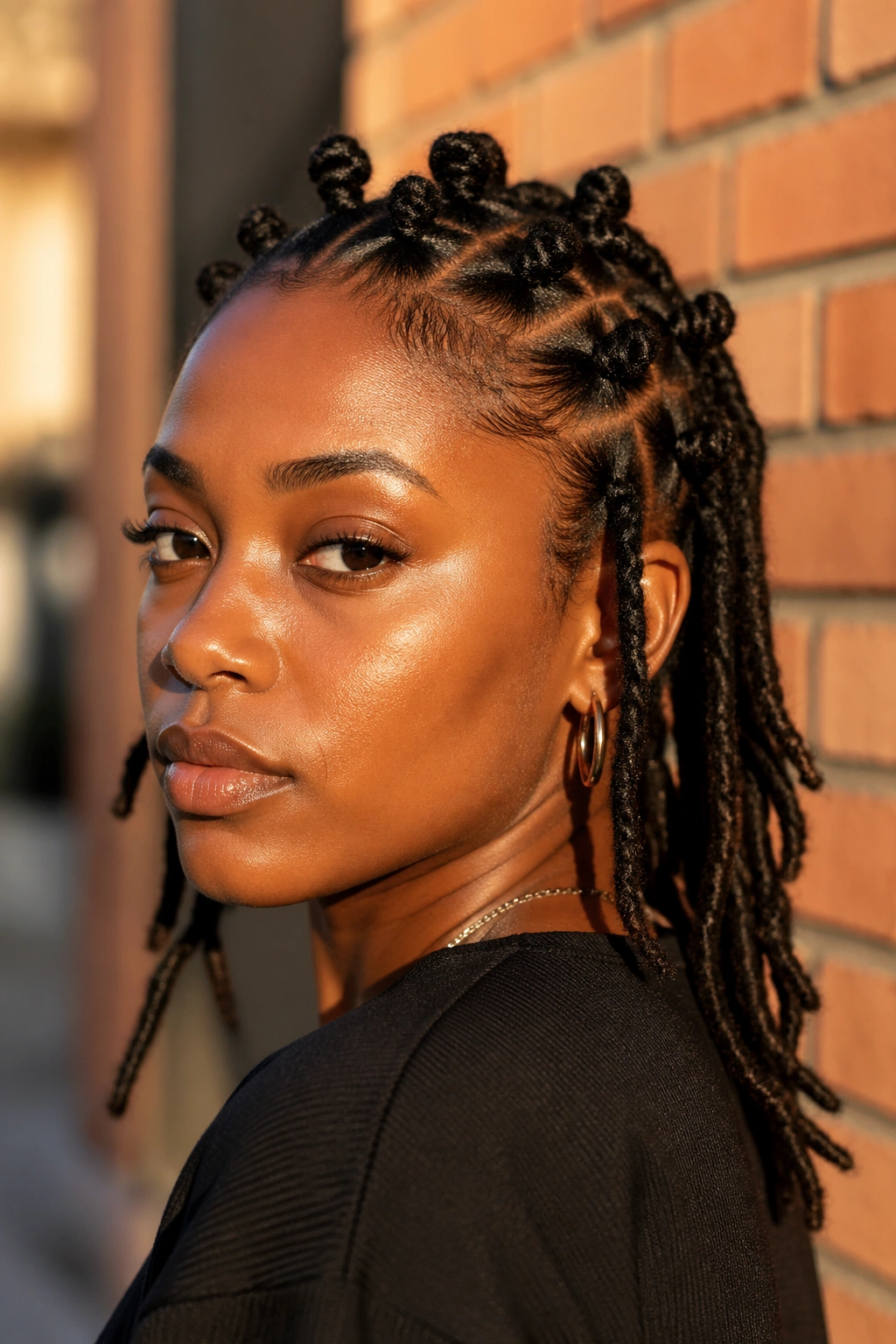 Close-up portrait of a real person with bantu knots on twists or locs for a textured finish