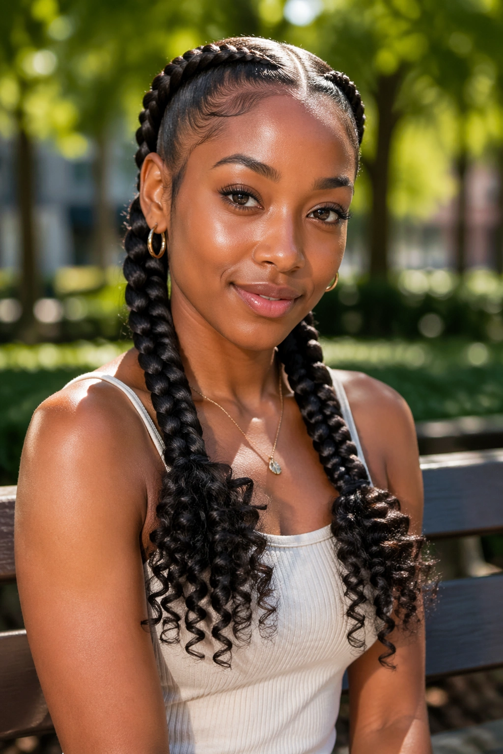 Close-up of a real person with two thick braids ending in curls