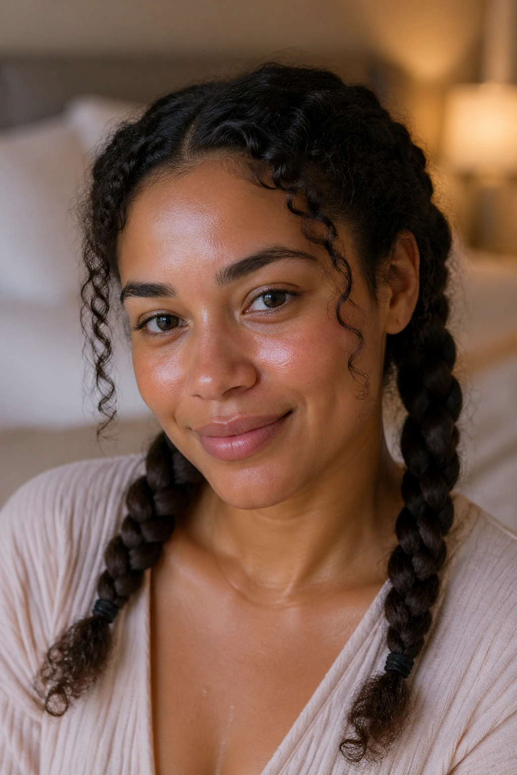 Close-up of a real woman with two loose protective braids for natural curls at night.