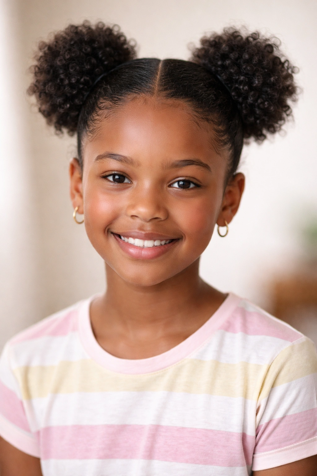 Two mini puffs on top of short curly hair