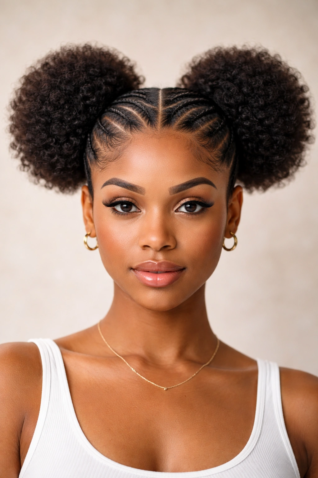 Two Puff Pigtails with Front Cornrows: front cornrows leading to two symmetrical puffs above the ears