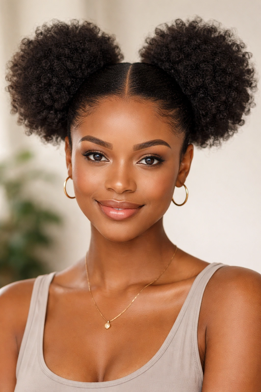 Front view of two puffs with center part on textured hair
