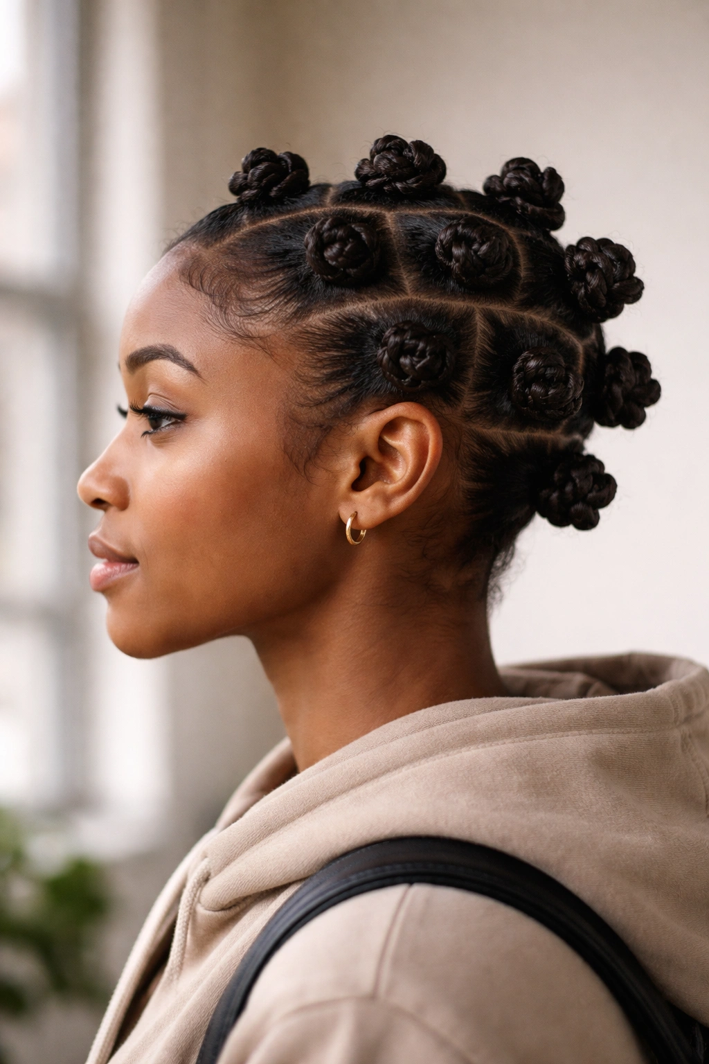 Side profile of two-row Bantu knots highlighting neat silhouette
