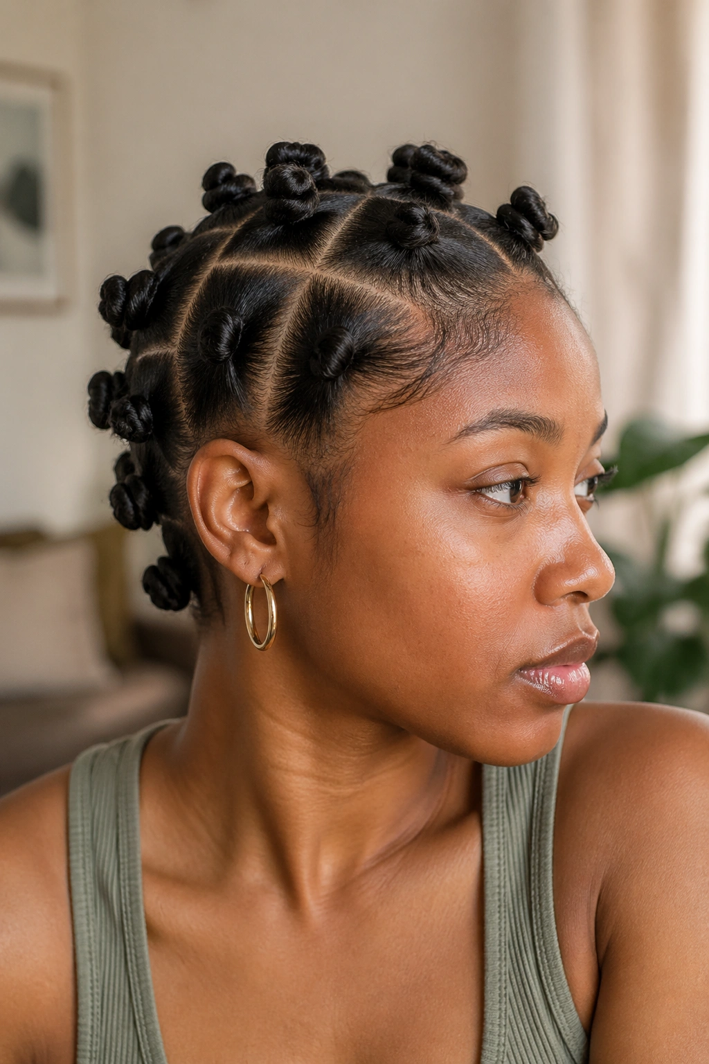 Close-up of two-row bantu knots on a real person