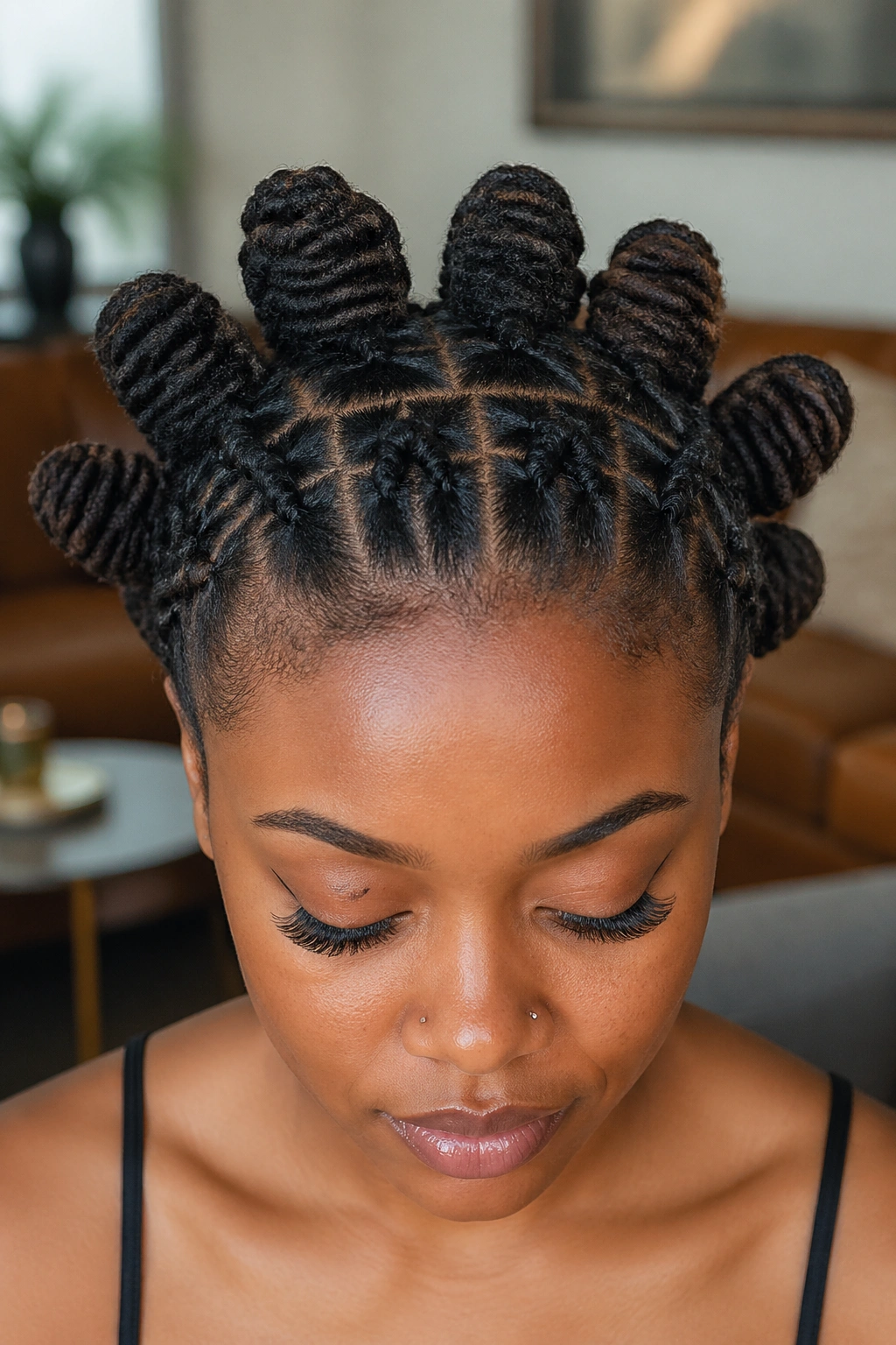 Two-row layered knots on locs with front and back rows visible
