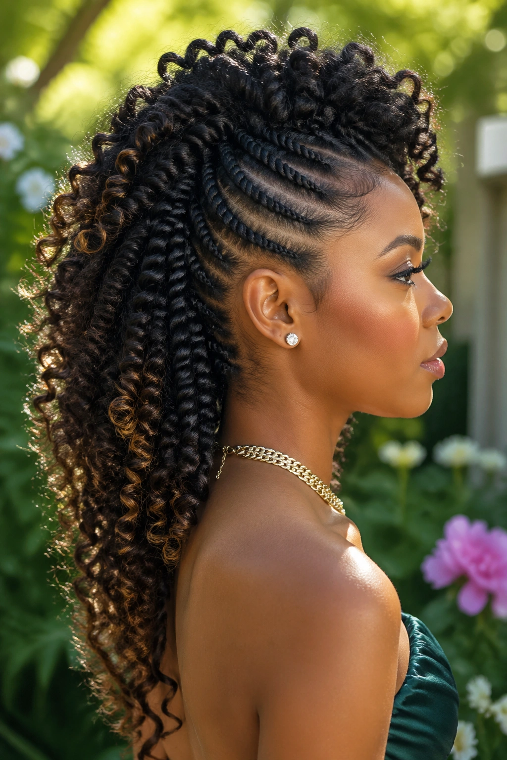 Close-up of a real person with two-strand twist mohawk and curly cascade for prom.