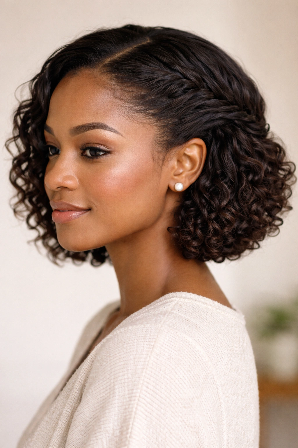 Close-up portrait of a bob-length natural hairstyle with two front twists tucked at the nape