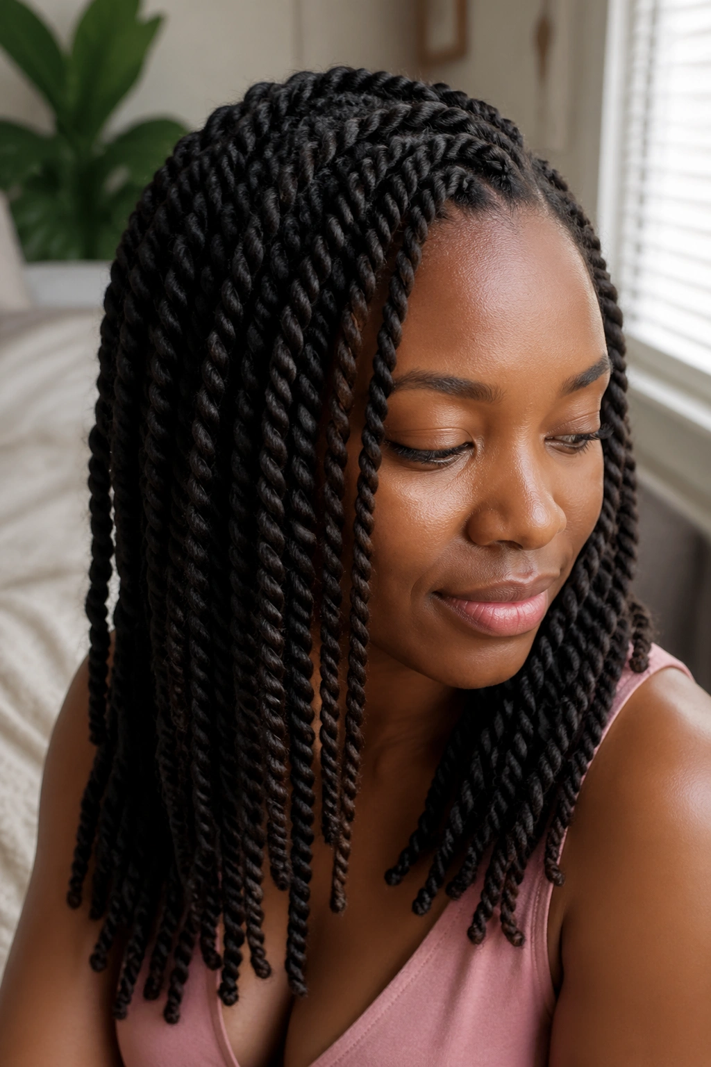 Close-up portrait of a real woman with classic two-strand Afro twists