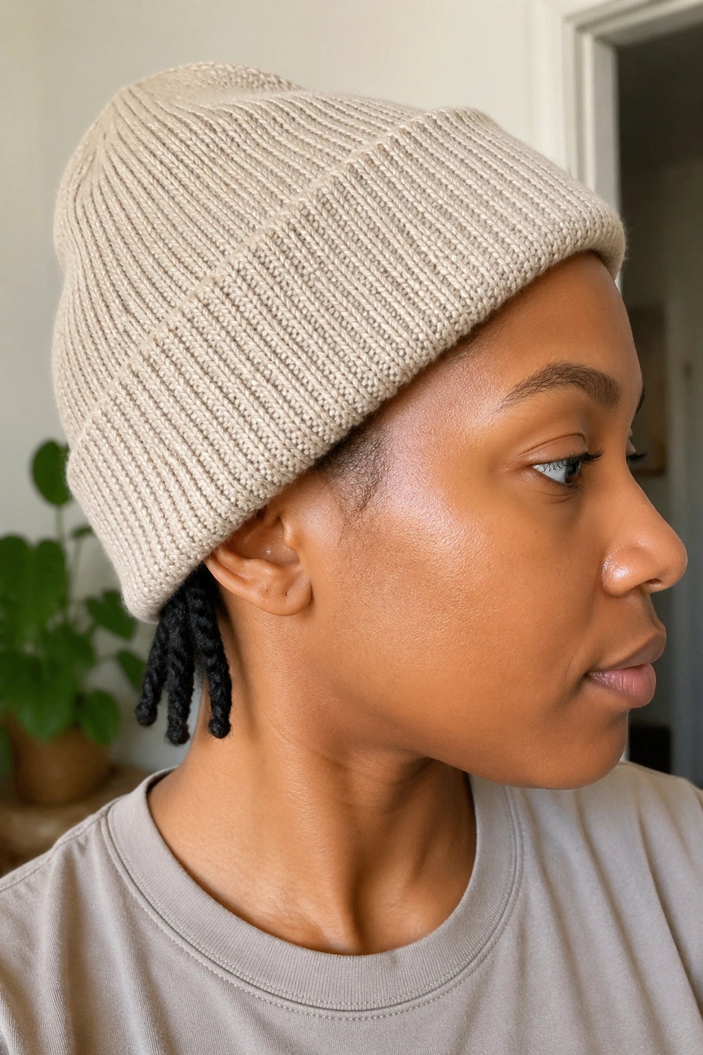 Real woman with two-strand twists tucked under a beanie.