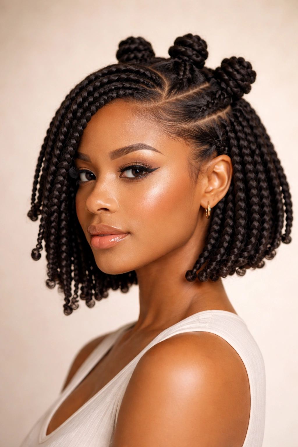 Close-up of jaw-length bob with deep side part and crown Bantu knots