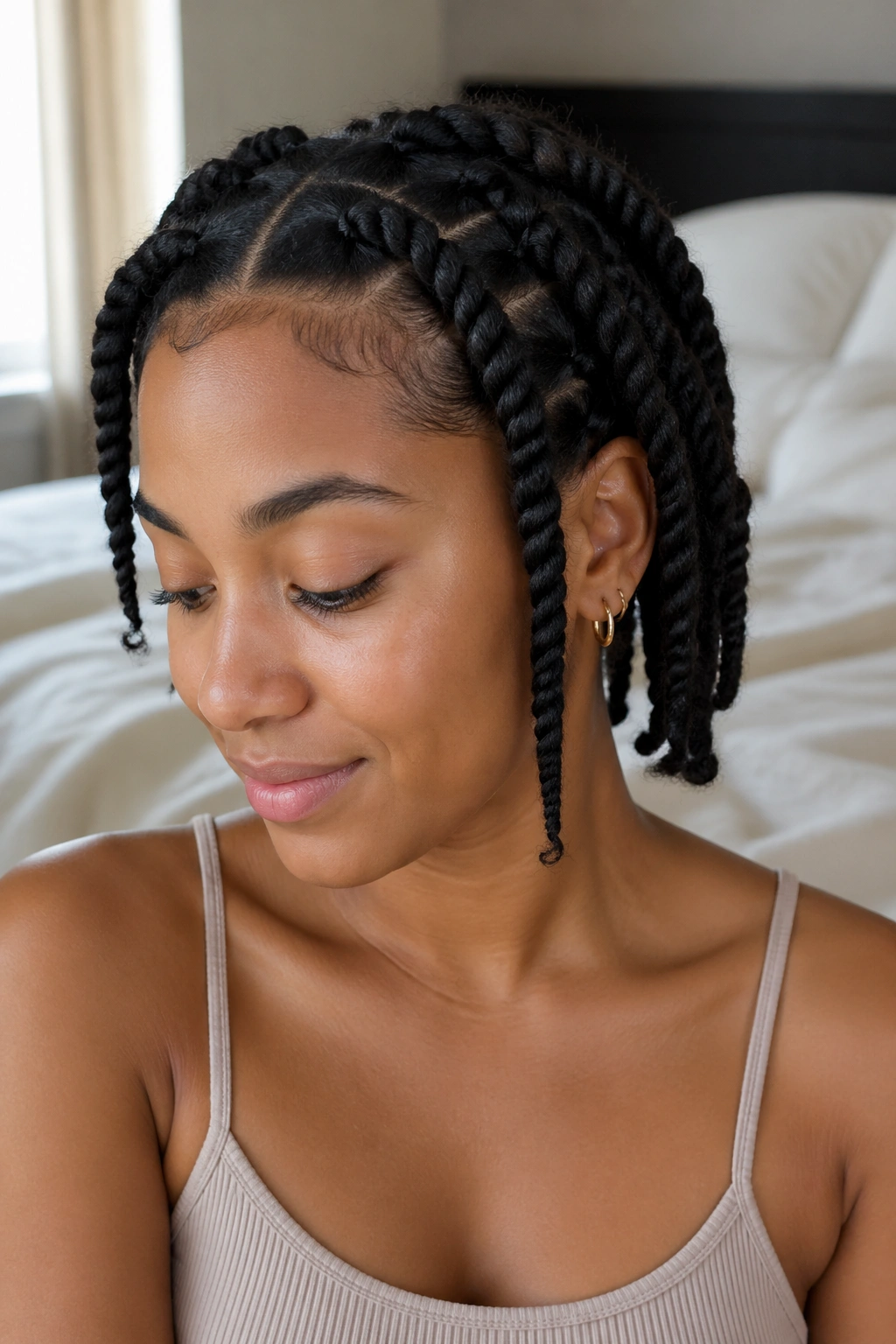 Close-up of a real woman with two-strand twists protecting curls at night.