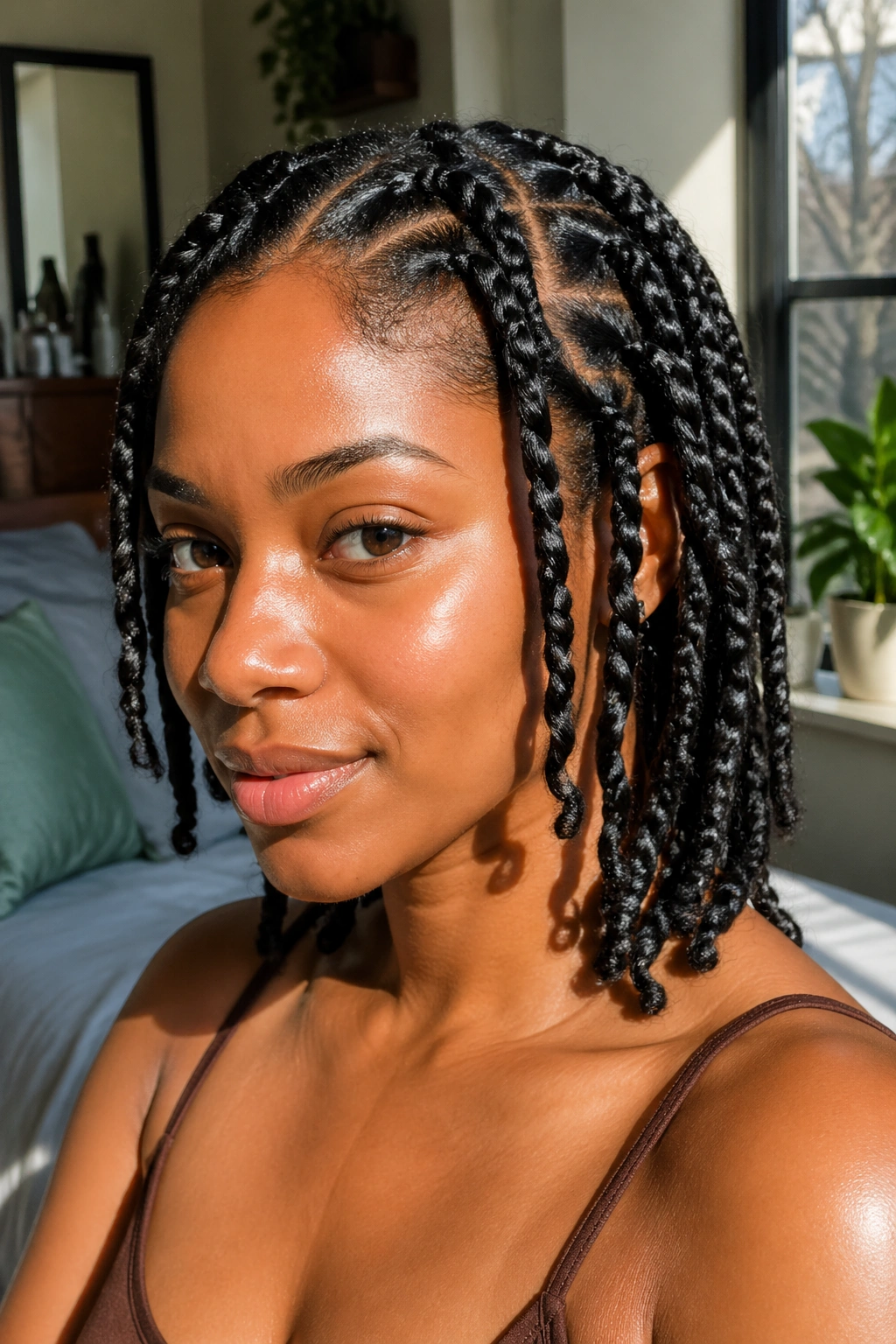 Close-up portrait of a real woman with classic two-strand twists on curly hair